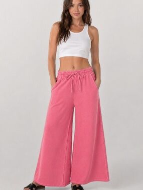 NEW Fuchsia Pink Cotton French Terry Pigment Dye Wide Leg Pants Large